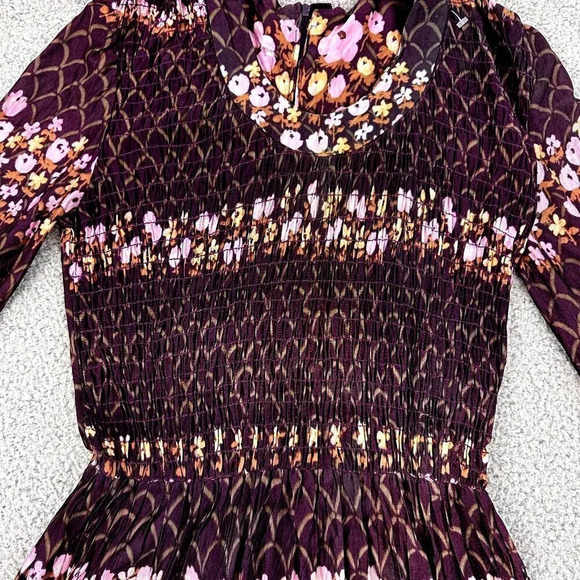 Vintage 70s Dress Size Small Floral Smocked Maxi Burgundy Boho Hippie - Picture 4 of 16